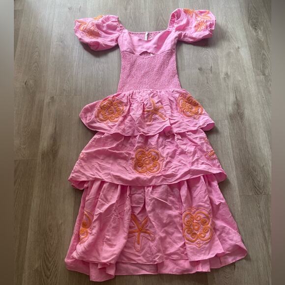 SIGNIFICANT OTHER seren barbie pink puff sleeve smoked linen maxi dress small - Picture 1 of 3